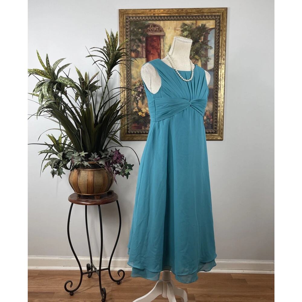 Teal Chiffon Sleeveless Midi Dress Pleated Twist Front Open Back Women’s 12 - Picture 4 of 9